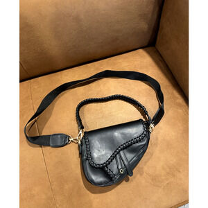 Black Saddle Gold Hardware Vegan Leather Shoulder Bag Detachable Strap